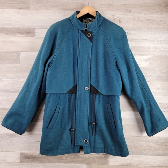 Vintage Spencer Douglas Dark Teal, Black Trim Wool Mid Length Winter Coat Large - Picture 3 of 16